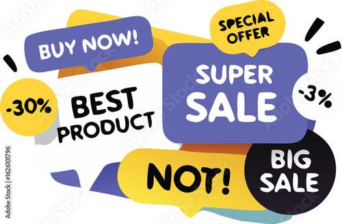 Colorful Sale Advertisement Featuring Super Sale, Best Product, Buy Now, and Discount Prompts