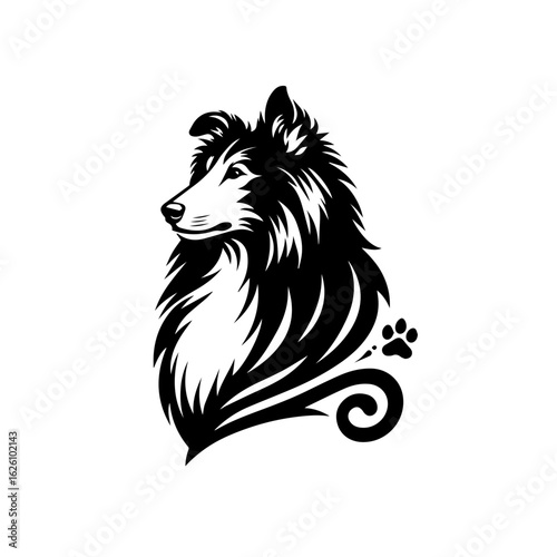 Stylized Black and White Collie Dog Portrait with Paw Print.