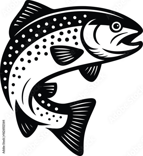 Dynamic jumping rainbow trout fish silhouette in a woodcut style for fishing and outdoor recreation