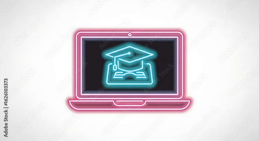 Pink laptop with a neon graduation cap and book displayed on the screen on a white background Pink laptop with a neon graduation cap and book displayed on the screen on a white background