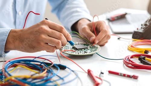 Close-up view of a person's hands working on a complex electronic circuit board with various wires and testing equipment.