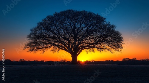 A silhouette of a large tree against a vibrant sunset with orange and blue sky colors at dusk