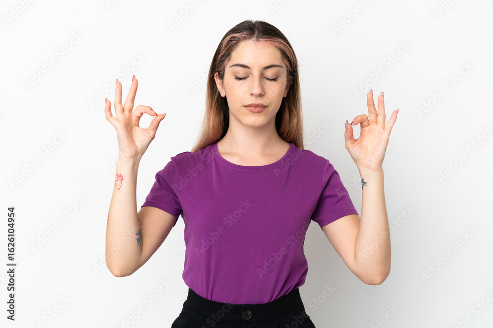 Young caucasian woman isolated on white background in zen pose Young caucasian woman isolated on white background in zen pose