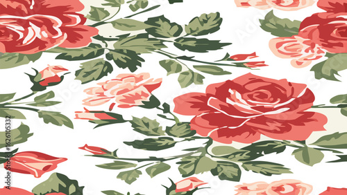 Beautiful seamless pattern of roses with leaves and buds in romantic vintage style