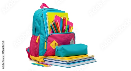 Wallpaper Mural A colorful backpack filled with school supplies sitting on top of a stack of books on white background Torontodigital.ca