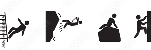 Black and white icons of people falling from ladder and cliff climbing wall person danger