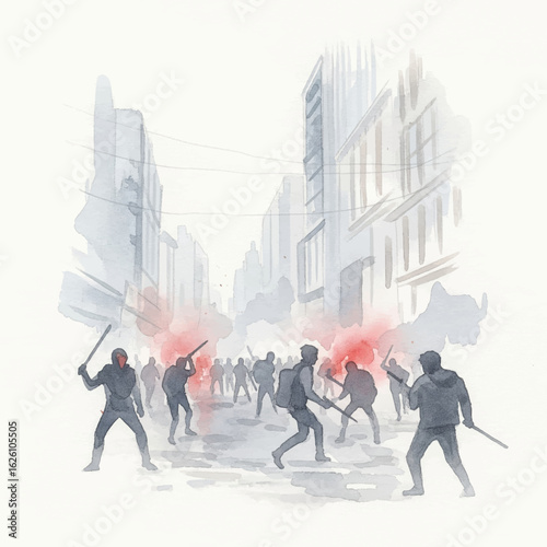 riot in city- Watercolour Art