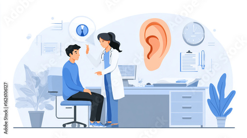 Audiologist Administering a Hearing Test in a Clinical Setting with Professional Equipment and Patient Interaction