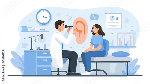 Audiologist Administering Hearing Test to Patient in Modern Clinic with Visual Aids and Instruments in Background