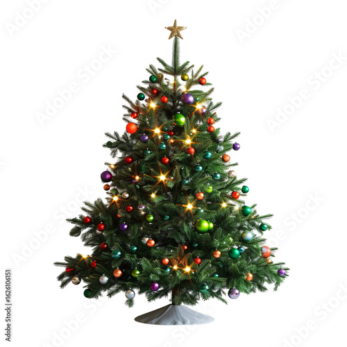 A beautifully decorated Christmas tree adorned with colorful ornaments and bright lights.