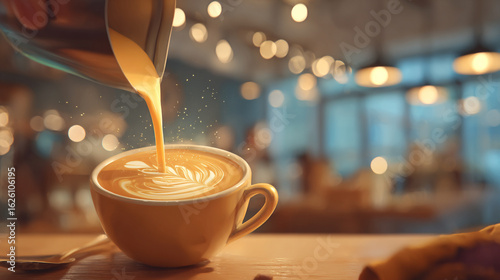 Expert Barista Skillfully Pours Smooth Creamy Milk into Coffee Cup Creating Beautiful Latte Art in Cozy Cafe Environment with Soft Lighting