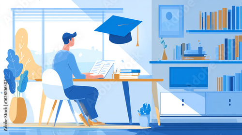 Young Career Counselor Reviewing Resumes and Providing Guidance in a Bright Modern Office Space with University Graduation Cap Above
