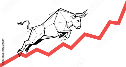 Bullish Market Rise: A dynamic depiction of a bull charging upwards alongside a rising stock market graph, signifying the rise of financial trends.