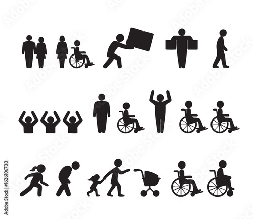 Diverse people silhouettes including couples individuals in wheelchairs and families with strollers woman