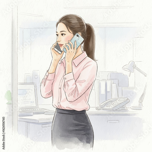 A woman multitasking with two phones- Watercolour Art