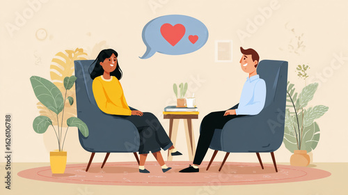 Professional Counselor Engaging in Heartfelt Conversation with Client in Cozy Therapy Setting Featuring Floating Heart Icon