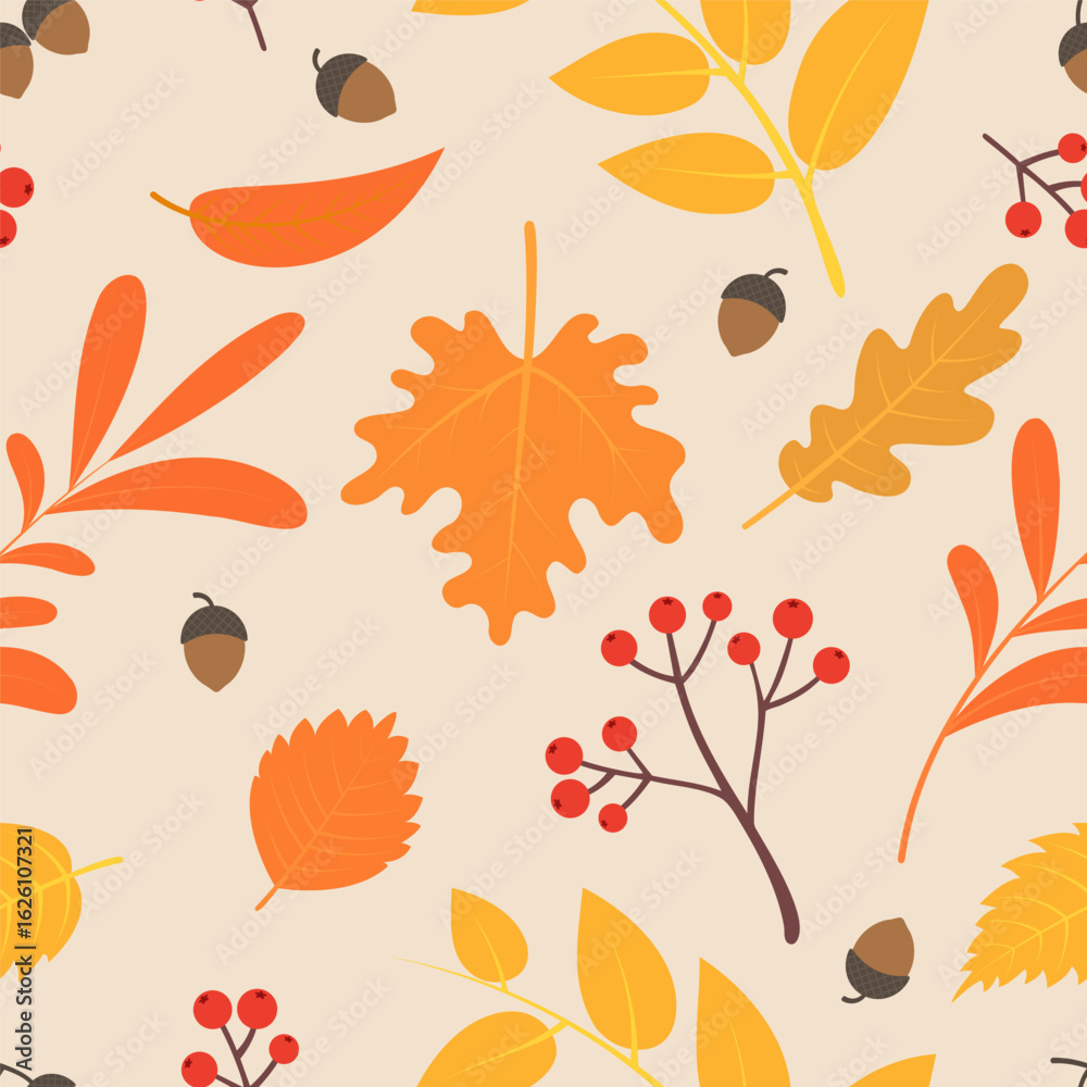 Obraz premium Autumn Seamless Pattern with Leaves. Vector Background