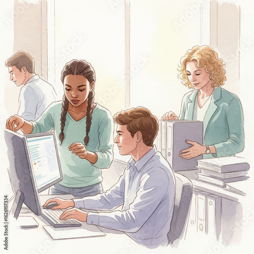 Co-workers working together in the office- Watercolour Art
