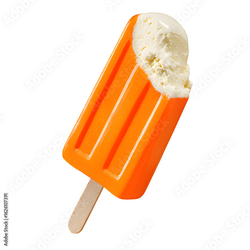 Bitten orange popsicle with vanilla ice cream isolated on transparent background