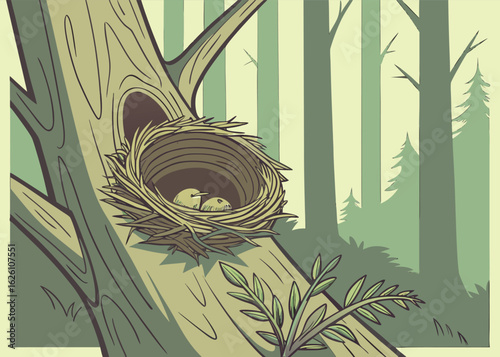 Bird’s Nest Inside a Hollow Tree Trunk in a Peaceful Forest Setting
