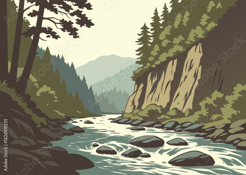 Dynamic Forest River Rapids Flowing Through Rocky Woodland Terrain