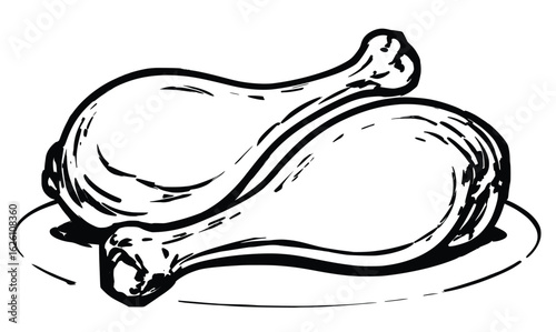Rustic vintage-style illustration of two cooked chicken legs served on a round plate, detailed food artwork