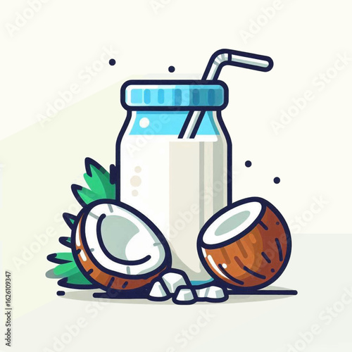 Cartoon illustration of coconut milk in a jar with a straw next to coconuts