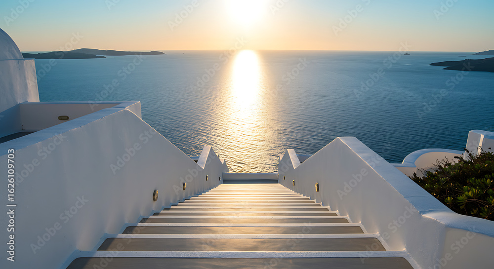 Fototapeta Stairway to a golden sunset over the aegean sea