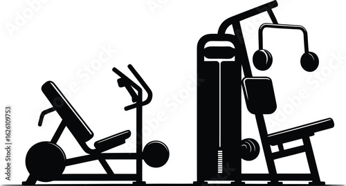Black silhouette of a home gym with weight machines and exercise equipment on a white background