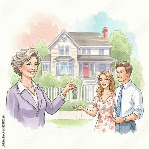 A realtor giving house keys to house owners in front of their new house- Watercolour Art