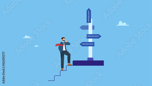 Businessman climb up stair to see opportunity sign. Opportunity, chance or career possibility to make decision, life choice to grow business, work accessibility, challenge or potential way to success.