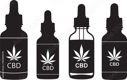 Four cbd oil dropper bottles with cannabis leaf silhouette