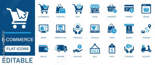 E-commerce icon set. featuring online shopping, checkout, shipping, payment, discount, order, tracking, and delivery. Perfect for web design, apps, and digital marketing use.