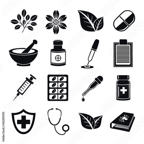 Collection of black and white medical and pharmaceutical icons representing healthcare and natural remedies