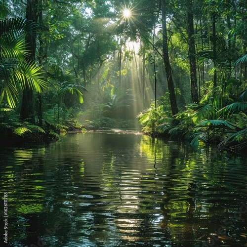 A rainforest river winding through thick vegetation, sunlight streaming through trees casting beautiful reflections.