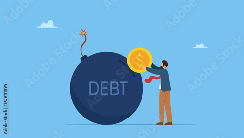 Businessman hand put dollar coin money into debt bomb. Pay off debt, financial obligation, responsibility to pay debtor, money decision, liability relief, deficit or borrowing due, indebted.