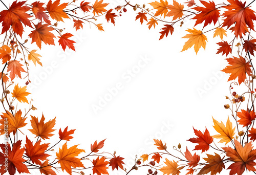 Vibrant Autumn Foliage Frame PNG on Transparent Background.Illustrated Red & Orange Leaves with Berries for Seasonal Graphics & Thanksgiving Designs
