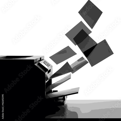 Stylized Printer with Flying Paper Sheets in Black and White Tones