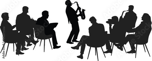 Saxophone solo performance, musical gathering, audience engagement, jazz practice session, concert rehearsal, instrumental showcase, live music, musician spotlight, art expression