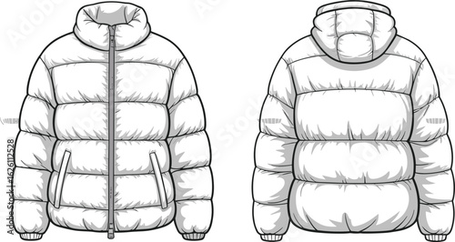 Puffer jacket front and back view vector template, winter outerwear fashion sketch, quilted coat design for cold weather apparel mockup, padded jacket illustration