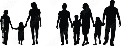 Silhouette of family walking outdoors, parents holding children's hands, joyful bonding, unity, love, parenting, togetherness, nature, evening stroll