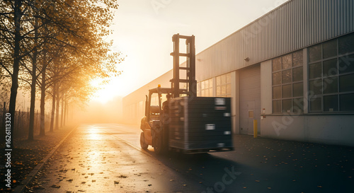 Forklift Moving Cargo at Sunrise Near Warehouse