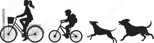 Silhouettes of adult and child cycling with dogs, outdoor recreation, family activity, healthy lifestyle, energetic motion, companionship, playful pet moment