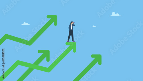 Businesswoman on arrows look through binoculars to find business opportunity. Searching for growth opportunity, vision to look and see future, challenge ahead or motivation to grow business.