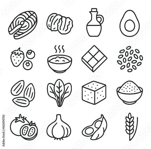 Food linear icons set. includes bread, pumpkin, oil, avocado, berries, soup, chocolate, seeds, almonds, spinach