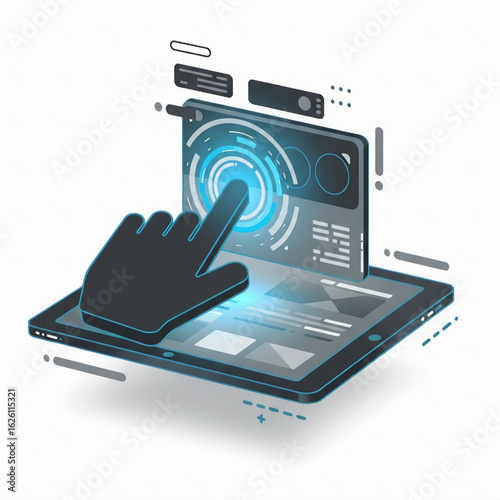 Vector illustration of hand interacting with digital tablet interface in futuristic tech style