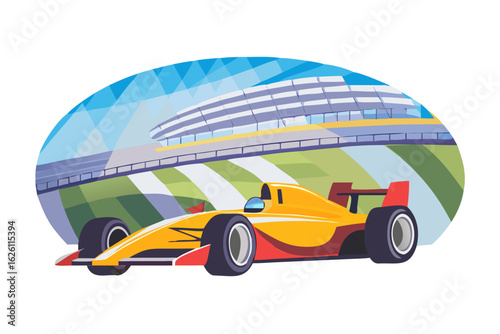 Yellow formula one race car on a track with grandstands
