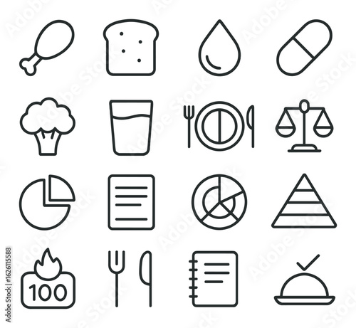 Nutrition linear icon set. containing bread, water, diet scale, pie chart, food pyramid, and more.