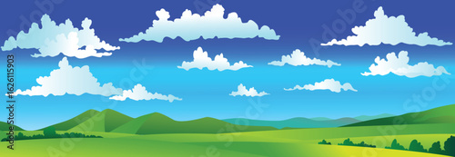 Cartoon colorful panorama of spring summer beautiful nature, green grasslands meadow with mountains on horizon background, summer mountain landscape, dawn over the valley.