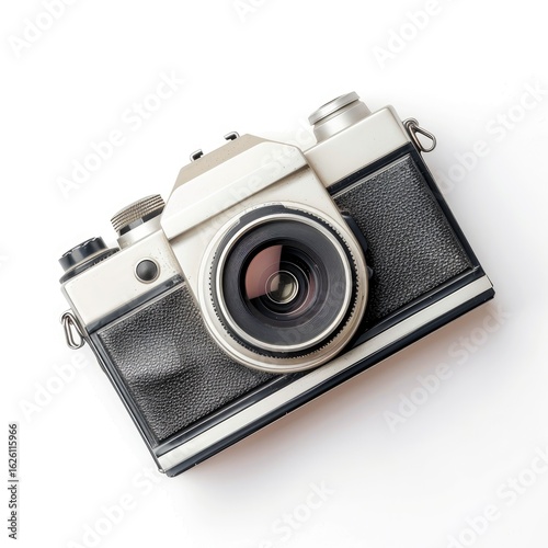 Vintage camera, top-down view, light beige and gray tones